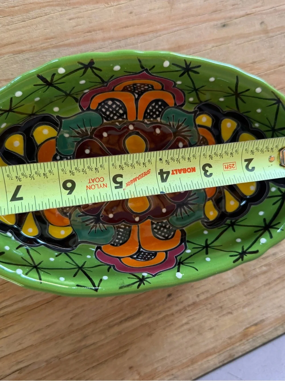 Hand-Painted Ceramic Serving Dish in Bright Green with Orange Floral Motif